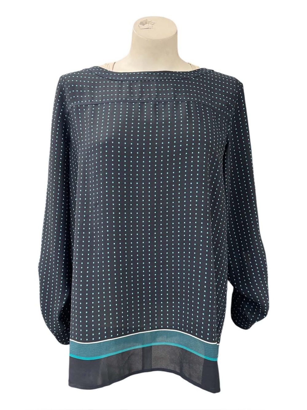 Ann Taylor Black Blouse with White Dot Print and Teal Hem Size M